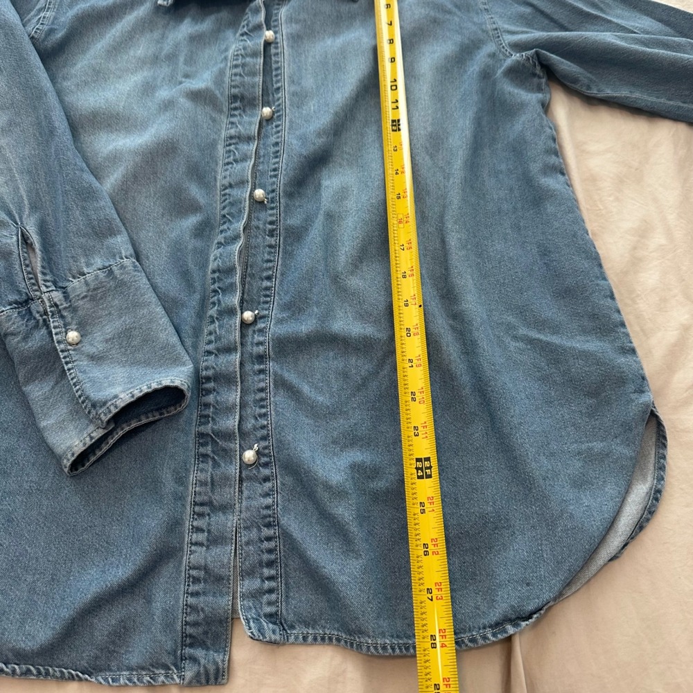 Something Navy Denim Pearl Button Shirt Blue Long Sleeve Casual Womens Top large - Picture 5 of 8
